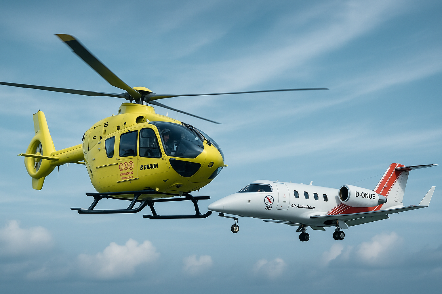 Air ambulance helicopter and medical transport aircraft